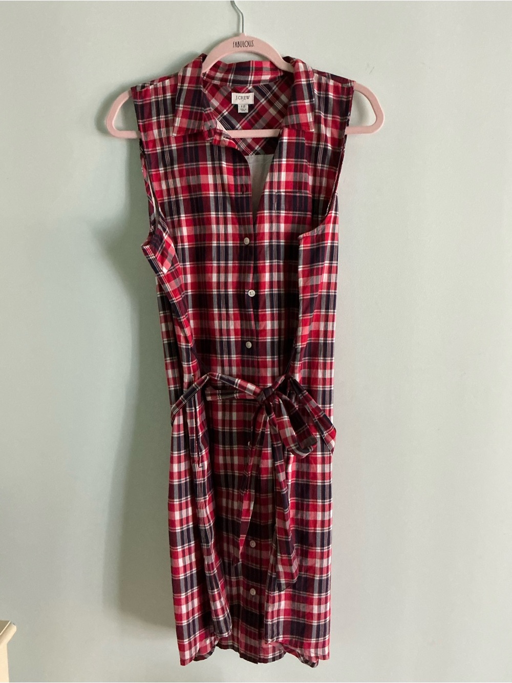 J. Crew Red and Navy Plaid Sleeveless Button Dress with Waist Tie